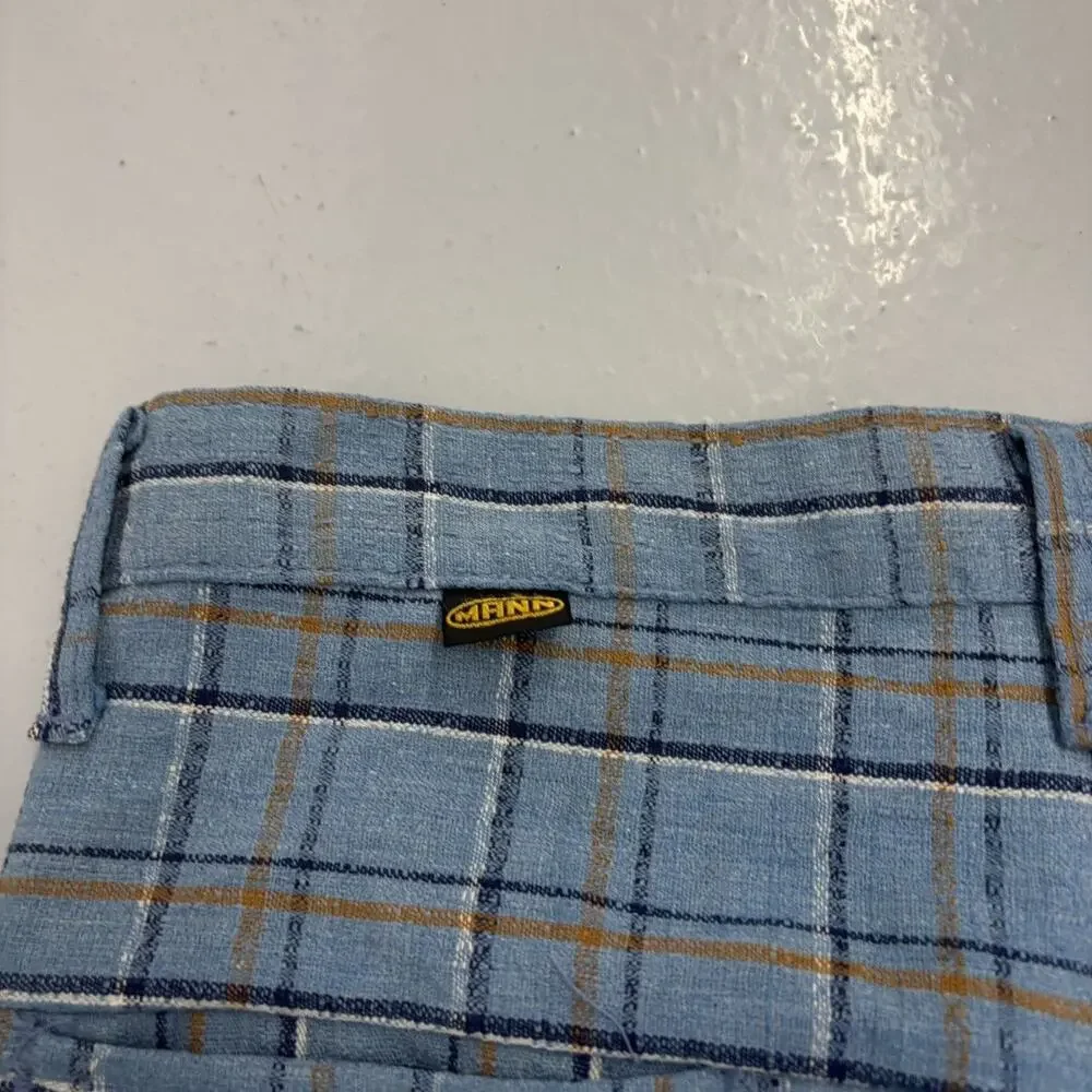 Vintage 70s Mann Blue Plaid Knit Bell Bottom Trousers 32x28